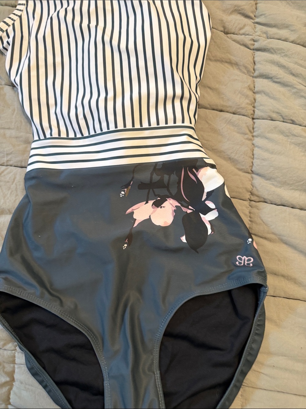 Albion Black & White Striped One-Piece Swimsuit with Pink Floral Detail - Picture 6 of 6